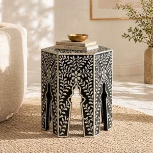 Designer Bone Inlay Side Table With Decorative Floral <b>Mosaic</b> And Luxury Interior Furniture Styling - Product Image 3