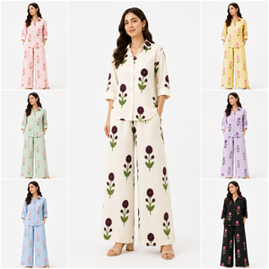 Ensemble de pyjama bohème pour femme à imprimé floral, vêtements de détente de luxe en coton, vente en gros, chemisier ample boutonné et pantalon palazzo assorti - Product Image 3