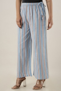 Light Blue Khadi Cotton Yarn Dyed Striped Wide Leg Palazzo Pants Women Casual <b>Summer</b> <b>Trousers</b> with Drawstring - Product Image 4