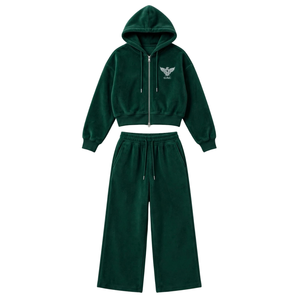 Ensemble deux pièces en polaire vert pour femme, veste courte zippée à capuche et pantalon large, tenue décontractée, survêtement d'hiver, écologique - Product Image 1