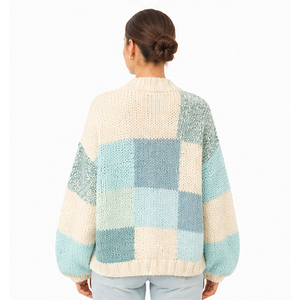 Cardigan en tricot color block pour femme, manches longues, col rond, boutonnage frontal, style décontracté pour l'automne, 100 % acrylique, tricoté à la main, manches bouffantes - Product Image 5