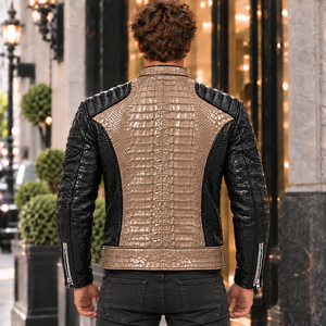 Mens Two Tone for Embossed Leather <b>Biker</b> <b>Jacket</b> with Silk Lining <b>Vintage</b> Design OEM Custom Wholesale - Product Image 6