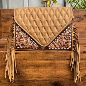 Bolso bandolera de cuero con flecos y patrón de edredón de diseño al por mayor para mujer, bolsos de hombro con entramado de diamantes - Product Image 2