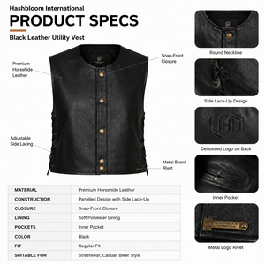 Chaleco de Cuero Genuino de Búfalo de 1.3mm para Mujer, Estilo Cuadrado, Regular, Moto, Biker, Streetwear, Modular - Product Image 5