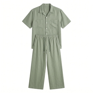 Men's Summer <b>Linen</b> Casual Shirt & Wide-Leg Pants Co-Ord Relaxed Resort <b>Two</b>-<b>Piece</b> Set OEM ODM Wholesale Factory Private Label - Product Image 1