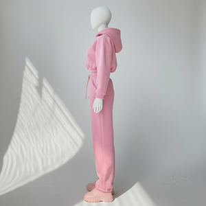 ชุดวอร์มผู้หญิงไซส์ใหญ่แบบสองชิ้น แขนยาว มีฮู้ด สไตล์ลำลอง สำหรับฤดูหนาว ผ้าสแปนเด็กซ์/คอตตอนฟลีซ ปักลายเรียบ - Product Image 3