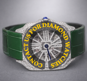 Shiny Custom Green Leather Band Square <b>Case</b> Skeleton Dial Moissanite Diamond Bust Down Mechanical Unique Branded Collection - Product Image 1