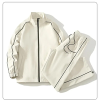 Ensemble de jogging unisexe marron et blanc à capuche, 100 % coton, veste cargo zippée oversize et pantalon de survêtement à taille élastique, deux pièces