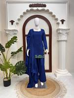 Setelan Salwar Kameez Bordir Biru dengan Mantel Panjang dan Celana Palazzo, Pakaian Pakistan India untuk Acara Resmi