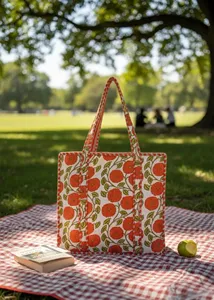 Bolso Tote de Algodón Acolchado Naranja de Moda con Estampado Floral Hecho a Mano, Estilo Bohemio, Bolso de Compras Abierto Informal de Verano para Mujer - Product Image 5
