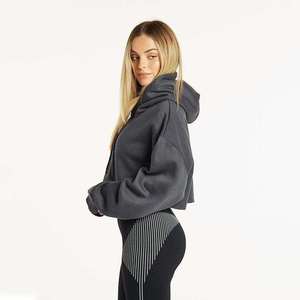 Custom Women's <b>Zip</b> Up Crop Top Hoodie Long Sleeve Sweatshirt Casual Streetwear Drawstring Cropped <b>Hooded</b> Jacket Solid Grey - Product Image 2