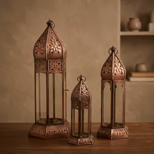 Ornate Moroccan Style Metal Hexagon <b>Lantern</b> <b>Set</b> with Floral Cutouts for Home Decoration Durable Candle Holder - Product Image 2