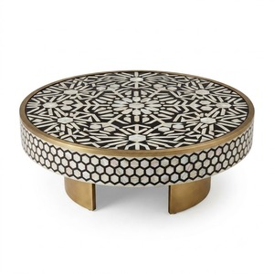 Table basse ronde en os incrusté, motif géométrique marocain, avec base en laiton doré, prix d'usine, pour salon et hôtel - Product Image 1