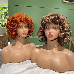 Parrucche per capelli umani Bob ricci corti Afro Color pianoforte parrucca piena fatta a macchina <span class=keywords><strong>con</strong></span> Base Remy brasiliana <span class=keywords><strong>con</strong></span> frangia - Product Image 1