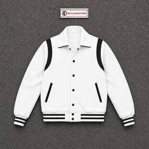 Chaqueta Varsity Blanca Personalizada con Ribete en Contraste Negro, Chaqueta Premium de Béisbol para Hombre y Mujer, Estilo Universitario Clásico - Product Image 5