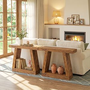 42\" Rustic Brown Farmhouse <b>Console</b> <b>Table</b> Minimalist Design 2-Tier Entryway <b>Table</b> with <b>Storage</b> for Hallway Living Room Couch - Product Image 5