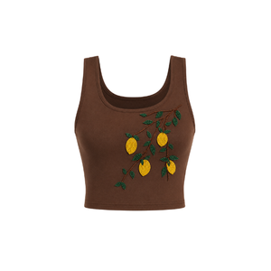 Camiseta sin mangas para mujer con bordado de limones con cuentas, cuello redondo, 100% algodón, estilo casual de verano - Product Image 1
