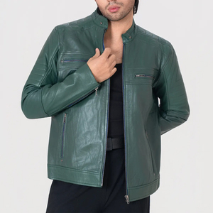 Icon by Gilani Men’s Bottle Green Biker Leather <b>Jacket</b> - Moto Cafe <b>Racer</b> <b>Jacket</b> - Product Image 2
