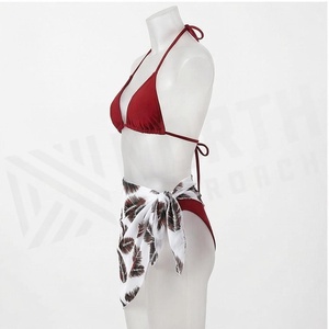 Women Red Halter <b>Bikini</b> Top With White Tropical Leaf Print Wrap Skirt 2 Piece <b>Set</b> - Product Image 3