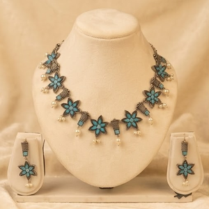 DIVYORO Floral Blue Pearl Ethnic <b>Statement</b> Choker <b>Necklace</b> and Earrings Set for Women Vintage Party Wedding Jewelry - Product Image 2