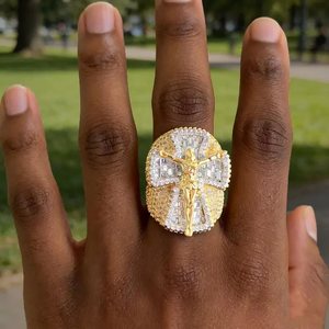 Women's Unisex Yellow <b>Gold</b> Vintage <b>Cocktail</b> <b>Ring</b> with Round Cut Moissanite Diamond Prong Setting Cross Party Religious Style - Product Image 1