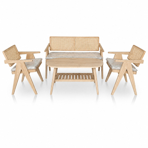 Juego de Muebles de Salón Modernos Escandinavos Malmo de Teca y Ratán con Acabado Blanqueado, Mesa de Centro Ovalada Premium con Estante y Sofá de Mimbre para Salón de Hotel - Product Image 1