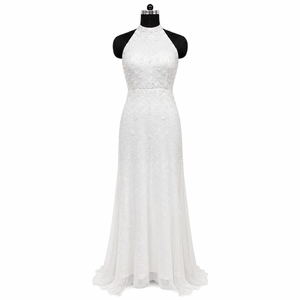 Luxury White Beaded Mermaid Evening Gown for Women High Neck Sleeveless Formal Wedding Reception Bridal Party Prom Maxi Dress - Product Image 1