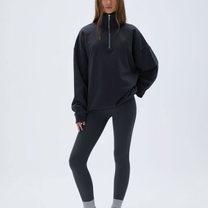 Sweat-shirt surdimensionné à fermeture éclair pour femme, en molleton de coton, à épaules tombantes, col montant, de haute qualité - Product Image 1