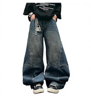 Jeans à jambes larges pour hommes, denim bleu délavé, coupe ample, pantalon décontracté streetwear