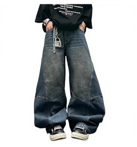 <b>Men</b> Wide Leg <b>Jeans</b> Blue Denim Washed Loose Fit Casual Streetwear Pants - Product Image 4
