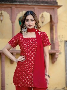 Conjunto de Dos Piezas de Georgette Rojo Bordado para Mujer, Traje Étnico Kurta Palazzo, Atuendo para Boda o Fiesta - Product Image 4