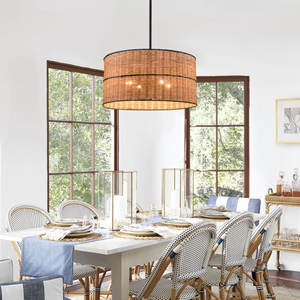 4-Light Drum Rattan Weaving <b>Chandelier</b> Elegant Living Room Furniture <b>for</b> <b>Bedroom</b> Decor - Product Image 2