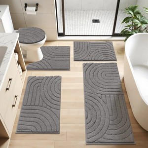 Modern Abstract Chenille Bath <b>Mat</b> <b>Set</b> 4 Piece Rectangle Non-Slip Rubber Backing for Home <b>Bathroom</b> - Product Image 1