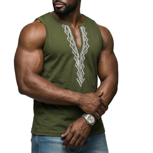 Wholesale Men's Deep V-Neck Muscle Tee Custom Ethnic Embroidery Sleeveless Tank <b>Top</b> Fashion Streetwear Summer Apparel Tank <b>Tops</b> - Product Image 4