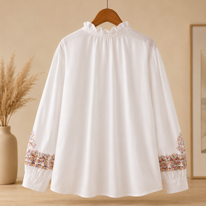 เสื้อเชิ้ตผู้หญิงผ้าฝ้ายพรีเมียมปักลายสีขาว แขนยาว คอระบาย ทรงหลวม สไตล์ลำลอง - Product Image 4