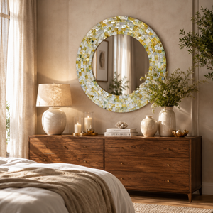Round Mother of Pearl <b>Wall</b> <b>Mirror</b> | Handmade Sea Shell Decorative Vanity Accent <b>Mirror</b> | Luxury Home Living Room Bedroom Decor - Product Image 4