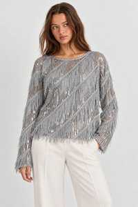 Camisola de Manga Larga con Cuello Redondo y Lentejuelas para Mujer, de Algodón Gris con Estampado Floral, Estilo COTTON COUTURE - Product Image 3