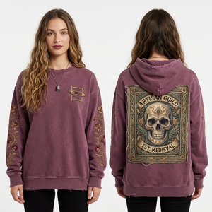Sudadera con capucha beige lavada de 400GSM personalizada para mujer, con estampado gráfico de calavera renacentista y arte en las mangas, estilo streetwear, al por mayor - Product Image 3