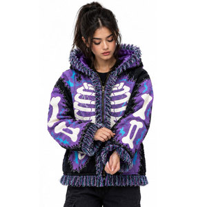 Purple <b>Gothic</b> Skeleton Print Hooded Zipper Sweatshirt Women Winter Warm Faux Fur Lined Knitted <b>Jacket</b> Regular Fit - Product Image 5