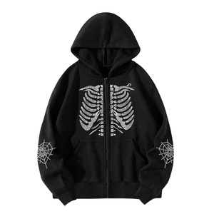 Sweat-shirts à capuche en molleton de coton noir avec fermeture éclair intégrale et motif squelette en strass pour hommes, service de fabrication sur mesure - Product Image 5