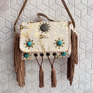 Bolso bohemio informal de piel para mujer, bolso de compras metálico con pelo en elegante acento de pelo sobre piel - Product Image 1