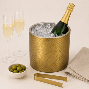 Seau à glace de luxe en laiton géométrique avec couvercle et pince, conteneur isotherme double paroi en acier inoxydable doré pour champagne et vin - Product Image 2