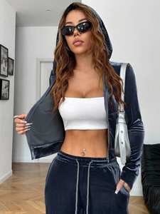 Ensemble de survêtement en velours bleu personnalisé avec strass, sweat à capuche et pantalon, pour l'hiver, 2 pièces, unisexe, streetwear, léger - Product Image 6