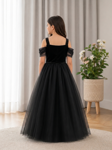Black Girls <b>Velvet</b> Chiffon Tutu <b>Dress</b> Floral Embroidered Off-Shoulder Puff Sleeve Princess <b>Evening</b> Gown Piano Performance Party - Product Image 2