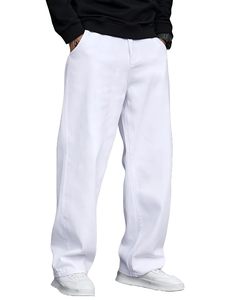 Jean ample décontracté pour homme en coton blanc, coupe large, taille mi-haute, écologique, délavé, couleur unie, tissé, longueur complète - Product Image 1
