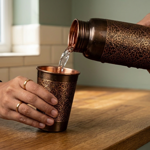 Botella de Agua de Cobre con Patrón Arabesco Vintage y Vaso a Juego, Reutilizable, para Bebidas, Cocina, Oficina, Viajes, Hidratación - Product Image 4