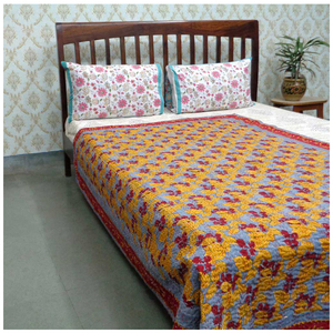 Hand Block Printed Kantha Cotton Twin Quilt 150x220 cm Hand Embroidered Indian Handmade <b>Throw</b> Bedspread Traditional Home Textile - Product Image 1