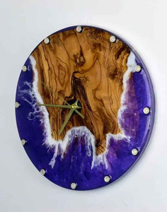 Horloge murale de luxe en résine époxy turquoise clair, avec plateau en bois naturel, ronde, silencieuse, à suspendre, pour la décoration moderne de la maison et du bureau - Product Image 3