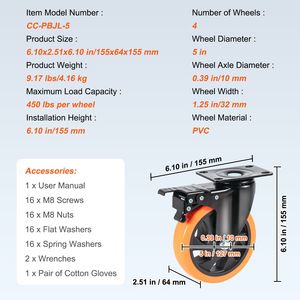 Set di 4 Ruote Girevoli per Carichi Pesanti da 5 Pollici con Blocco di Sicurezza A/B, Ruote in PVC Silenziose, Capacità di Carico 450 Libbre - Product Image 2