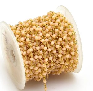 Chaîne de chapelet en pierre de lune pêche hydro-perlée, plaquée or, avec perles rondelles facettées enroulées de fil, en rouleau en vrac pour la fabrication de bijoux - Product Image 6